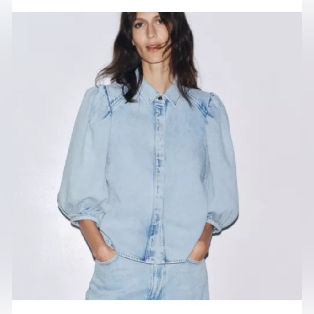 NWT ZARA Collection Light Blue Denim Shirt With Puffed Sleeves - Picture 2 of 6